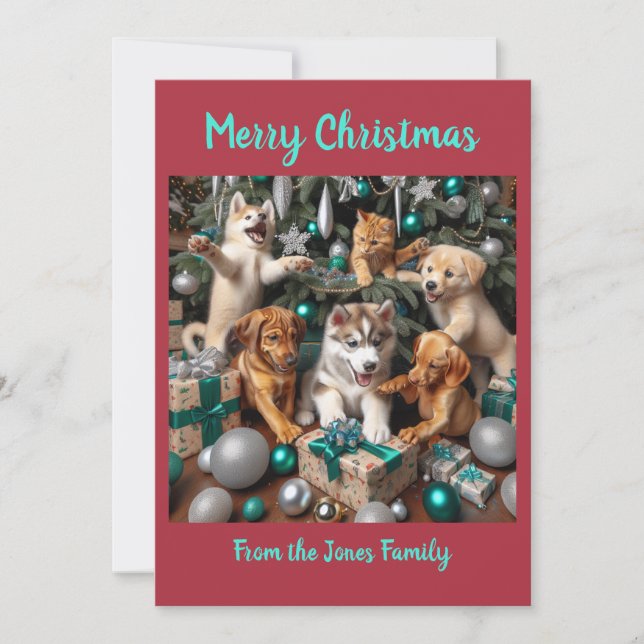 Cute Puppies and Kitten at Christmas Holiday Card (Front)