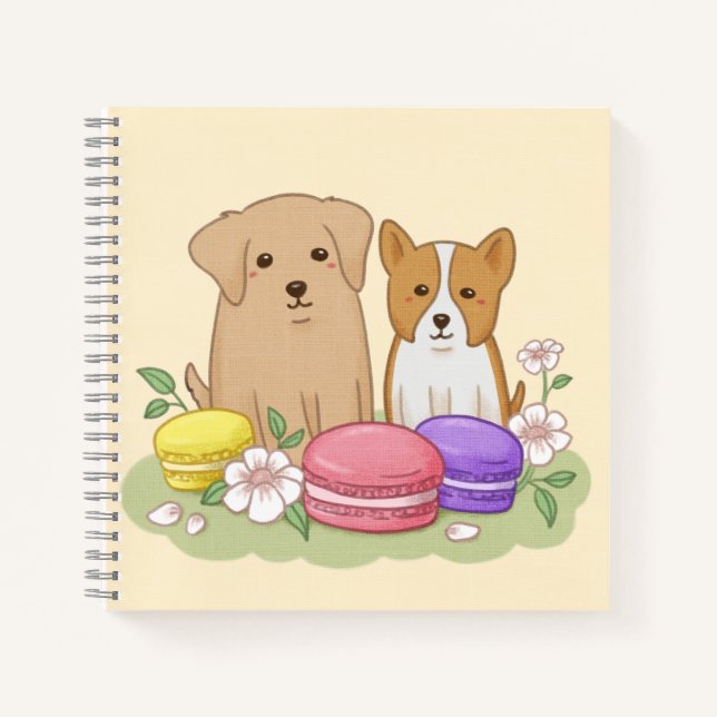 Cute Puppies and Macarons Illustration Art Notebook (Front)