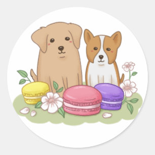 Cute Puppies and Macarons Illustration Classic Round Sticker