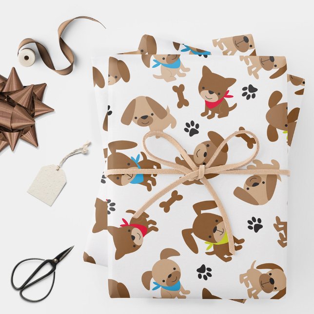 Cute Puppies and Paw Prints Wrapping Paper Sheet (Creator Uploaded)