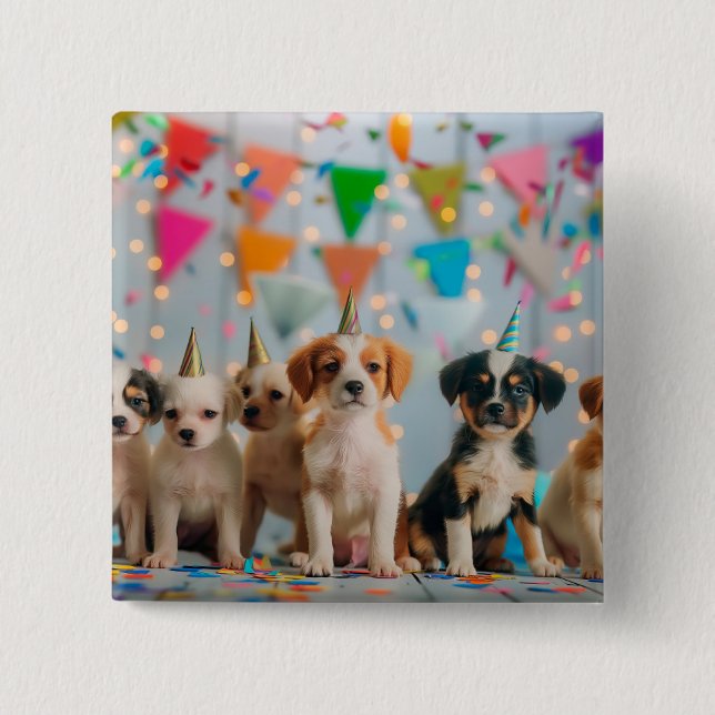 Cute Puppies Birthday Party Celebration Design 15 Cm Square Badge (Front)
