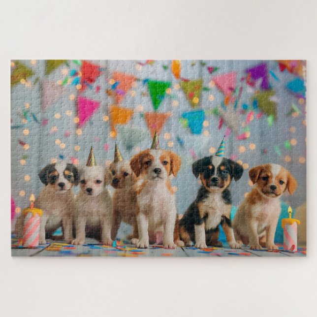 Cute Puppies Birthday Party Celebration Design Jigsaw Puzzle (Horizontal)