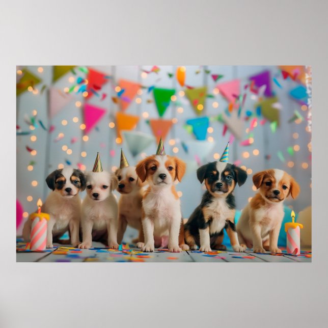 Cute Puppies Birthday Party Celebration Design Poster (Front)