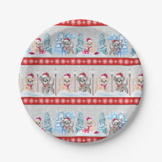 Cute Puppies Cartoons Snowy Christmas Holidays Paper Plate