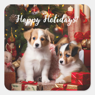 Cute Puppies Dogs Happy Holidays Christmas Square Sticker