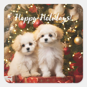 Cute Puppies Dogs Happy Holidays Christmas Square Sticker