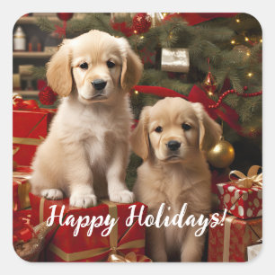 Cute Puppies Dogs Happy Holidays Christmas Square Sticker