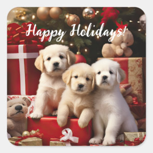 Cute Puppies Dogs Happy Holidays Christmas Square Sticker