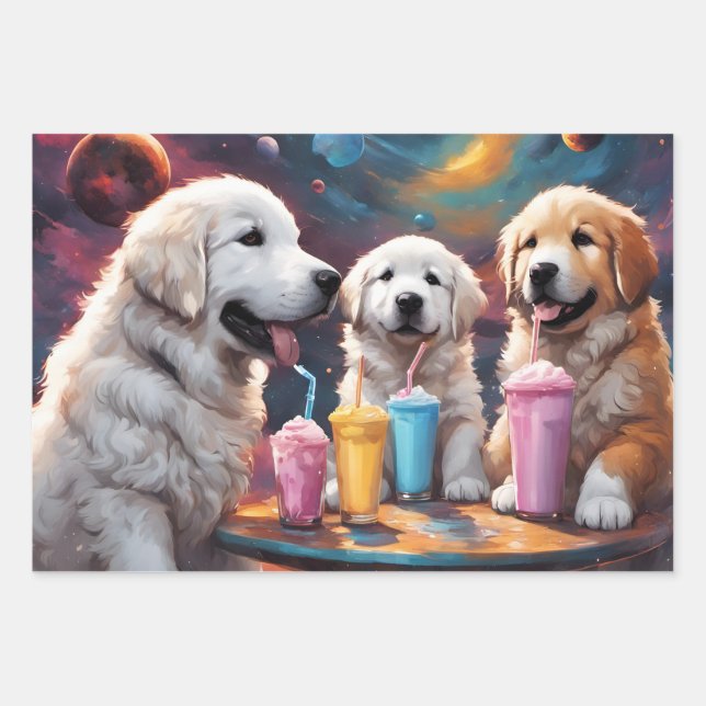 Cute Puppies Drinking Milkshakes Wrapping Paper Sheet (Front)