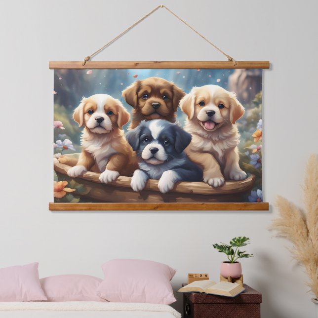 Cute puppies in a basket hanging tapestry (Bedroom)