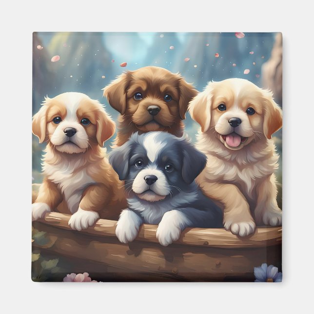 Cute puppies in a basket magnet (Front)