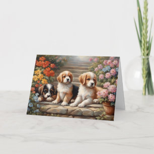 Cute Puppies in Flower Garden Card