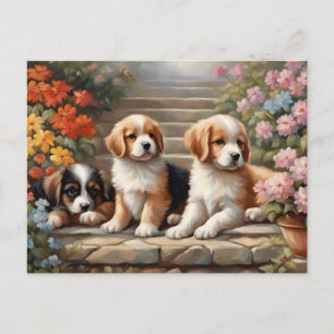 Cute Puppies in Flower Garden  Postcard