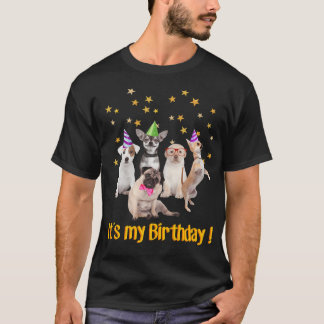 Cute Puppies in Party Hats, 'It's my Birthday' T-Shirt