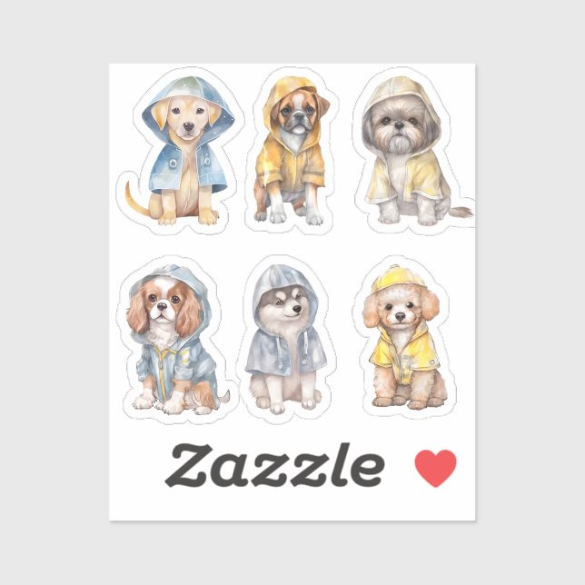 Cute Puppies in Raincoats Stickers (Sheet)