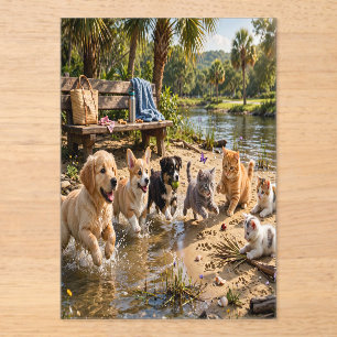 Cute Puppies & Kittens Riverside Adventure Acrylic Invitations