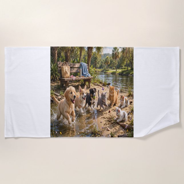 Cute Puppies & Kittens Riverside Beach Towel  (Front)
