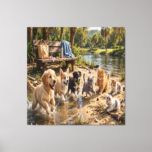 Cute Puppies & Kittens Riverside Stretched Canvas Print (Front)