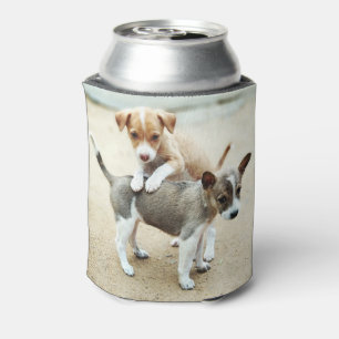 Cute Puppies Playing on Beach Can Cooler