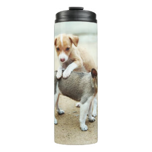 Cute Puppies Playing on Beach Thermal Tumbler