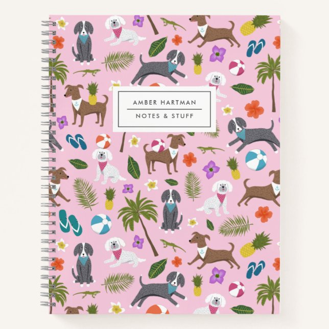 Cute Puppies Tropical Pattern | Pink Notebook (Front)