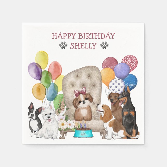 Cute Puppies Wish Happy Birthday Napkin (Front)