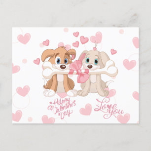 Cute Puppies with a Bone Valentine's Day Hearts Postcard