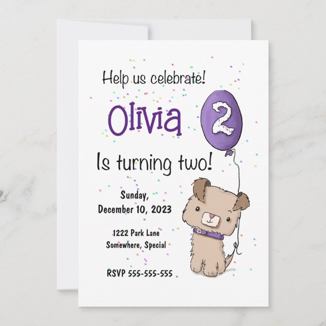 Cute Puppy, 2nd Birthday Invitation, Customisable Invitation (Front)
