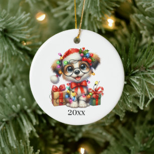 Cute puppy add date and message Christmas Ceramic Tree Decoration