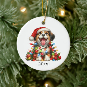 Cute puppy add date and message Christmas Ceramic Tree Decoration