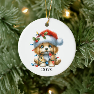 Cute puppy add date and message Christmas Ceramic Tree Decoration