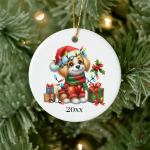 Cute puppy add date and message Christmas Ceramic Tree Decoration