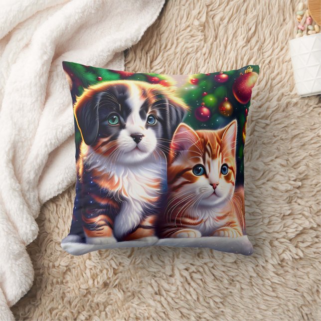 Cute puppy and cat under Christmas tree Cushion (Blanket)