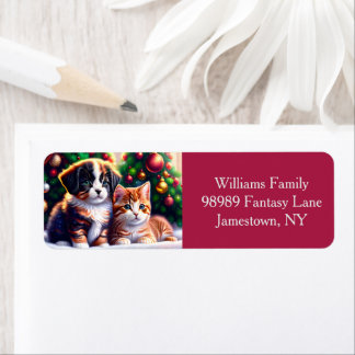 Cute puppy and cat under Christmas tree custom