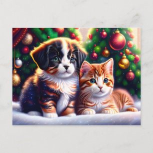 Cute puppy and cat under Christmas tree Holiday Postcard