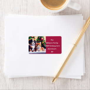 Cute puppy and cat under Christmas tree Label