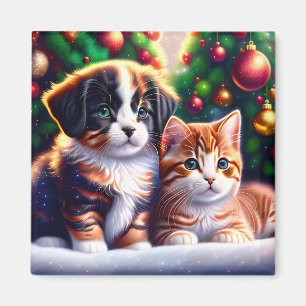 Cute puppy and cat under Christmas tree Magnet