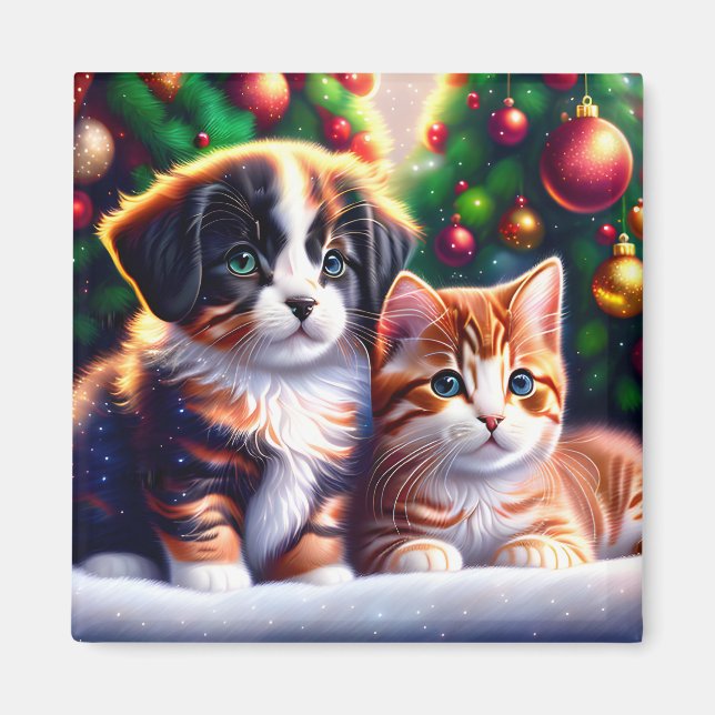 Cute puppy and cat under Christmas tree Magnet (Front)