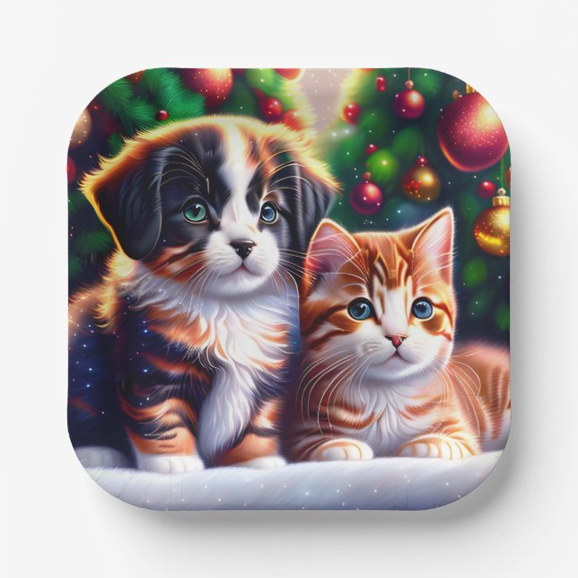 Cute puppy and cat under Christmas tree Paper Plate (Front)
