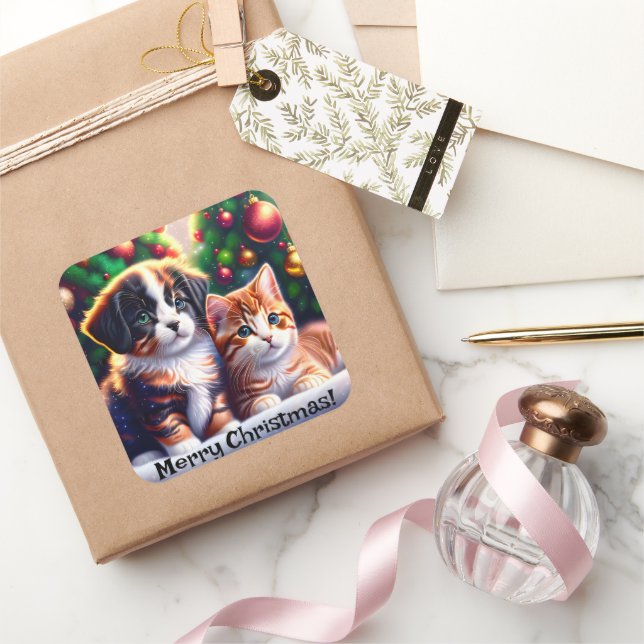 Cute puppy and cat under Christmas tree Square Sticker (Gifting)