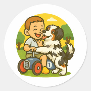 Cute Puppy and Kid Playtime Classic Round Sticker