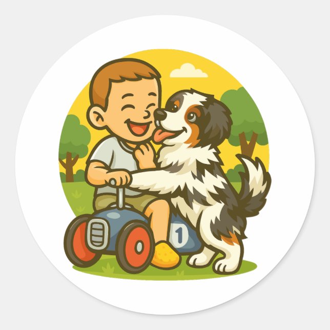 Cute Puppy and Kid Playtime Classic Round Sticker (Front)