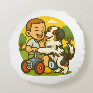 Cute Puppy and Kid Playtime Round Cushion