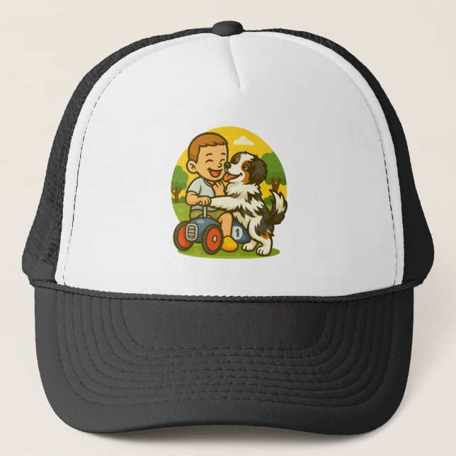 Cute Puppy and Kid Playtime Trucker Hat (Front)