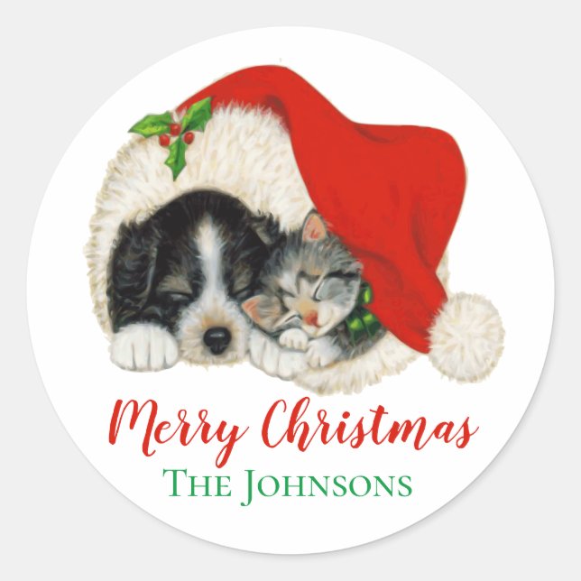 Cute Puppy and Kitten Christmas Stickers Seals (Front)