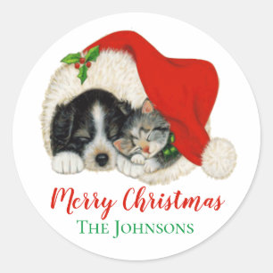 Cute Puppy and Kitten Christmas Stickers Seals