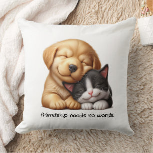 Cute Puppy and Kitten Cuddling Best Friends Cushion