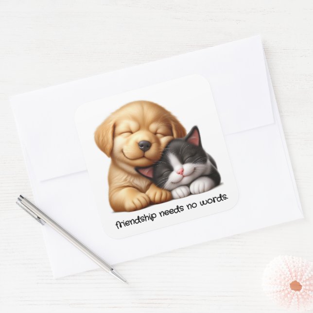 Cute Puppy and Kitten Cuddling Best Friends Square Sticker (Envelope)
