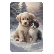 Cute Puppy and Kitten in Snow Refrigerator