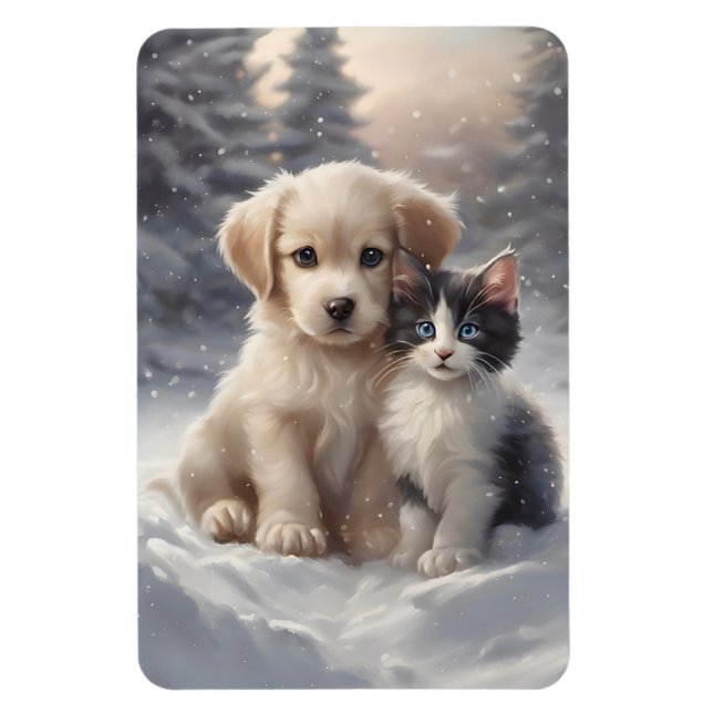 Cute Puppy and Kitten in Snow Refrigerator  Magnet (Vertical)